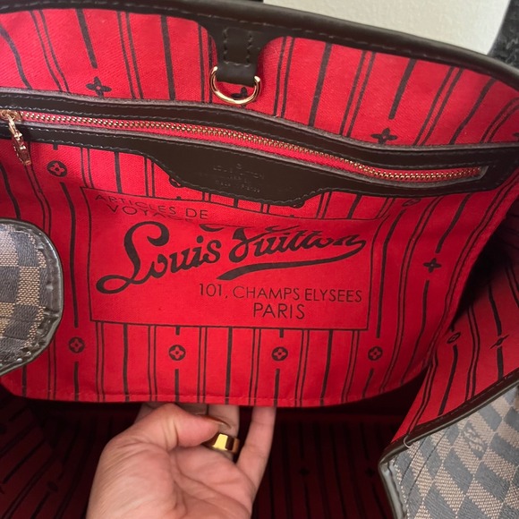 Louis Vuitton Neverfull MM Damier Ebene Canvas Tote Bag Red Interior - Picture 7 of 12